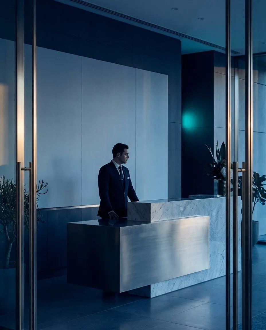 Recepción de un lobby residencial premium: concierge en un mostrador de mármol y metal cepillado.
