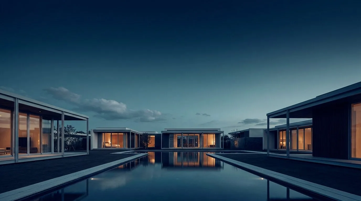 Residencial premium al atardecer con villas de cristal y espejo de agua.